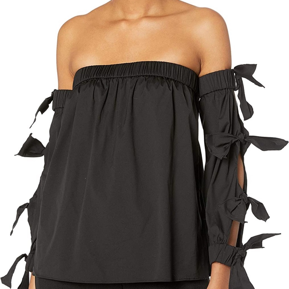 Milly Blythe Top Size Small Black Off the shoulder Stretch Poplin Top Ribbon Bow